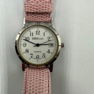 Scrub Stuff Watch Women Silver Tone Date Window Pink Leather Band New Battery 9"